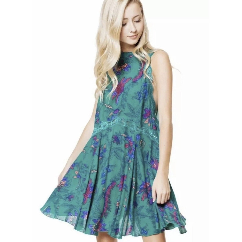 Intimately Free People She Moves Chemise Dress Teal Green Floral & Lace Trim M